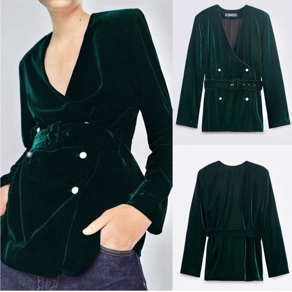 🆕 Zara Dark Green Belted Velvet Jacket with Pearl Buttons XS - Picture 1 of 4